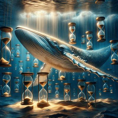 The primary subject of the image is a large whale, which is the main focus of the scene. The whale is surrounded by a variety of clocks, creating a visually interesting and unique composition. The setting appears to be underwater, with the whale swimming among the clocks. The visual style of the image is digital art, as it is a well-crafted and detailed illustration. The dominant colors in the image are blue and white, which are associated with the ocean and the whale, creating a serene